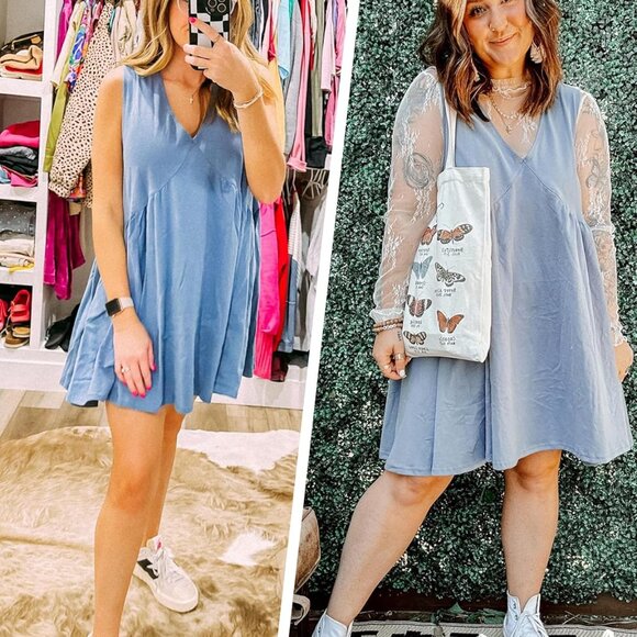 Blue Grey Womens Summer Sleeveless Mini Dress with Pockets, V-Neck, Loose Fit, C - Picture 5 of 9